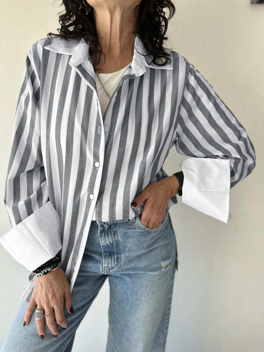 Striped Collared Neck Long Sleeve Shirt - Trendsi - Flyclothing LLC