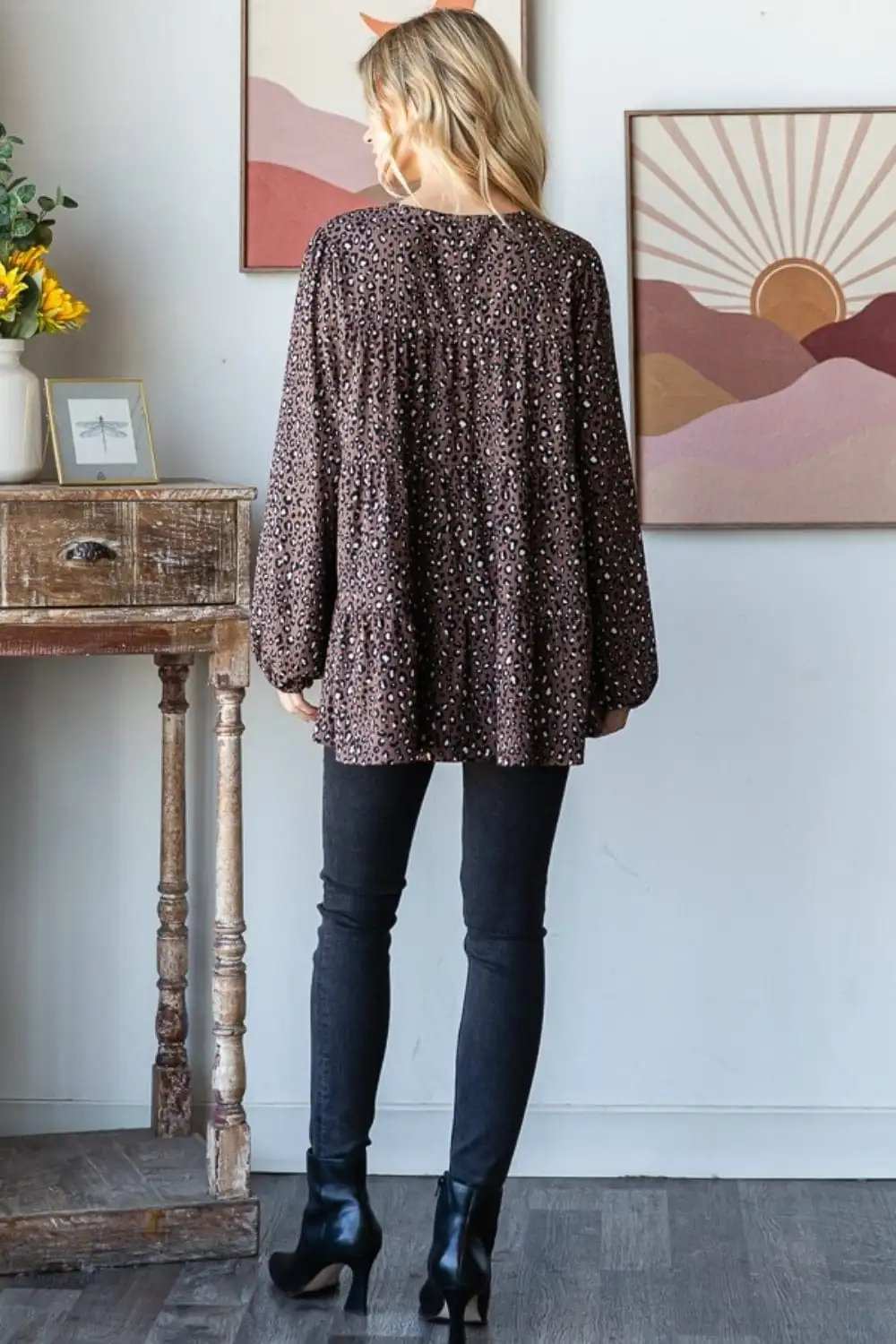 Heimish Leopard Long Sleeve Tiered Blouse - Trendsi - Flyclothing LLC