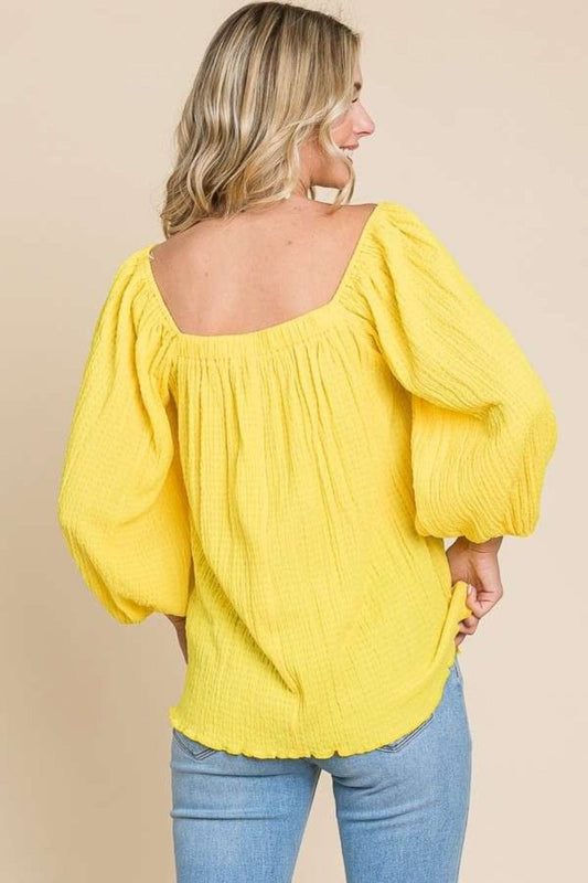 Culture Code Texture Square Neck Puff Sleeve Top - Trendsi