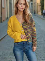 Contrast Button Up V-Neck Cropped Cardigan - Trendsi