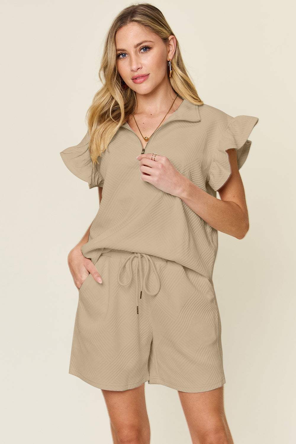 Double Take Full Size Texture Flounce Sleeve Top and Drawstring Shorts Set - Trendsi - Flyclothing LLC