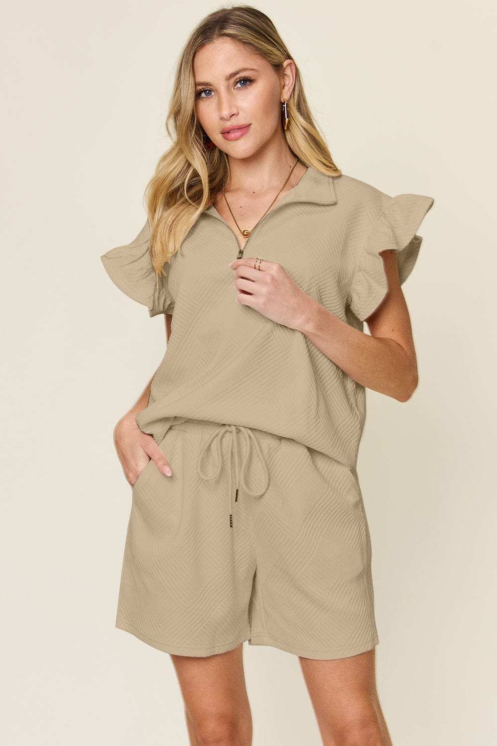 Double Take Full Size Texture Flounce Sleeve Top and Drawstring Shorts Set - Trendsi - Flyclothing LLC