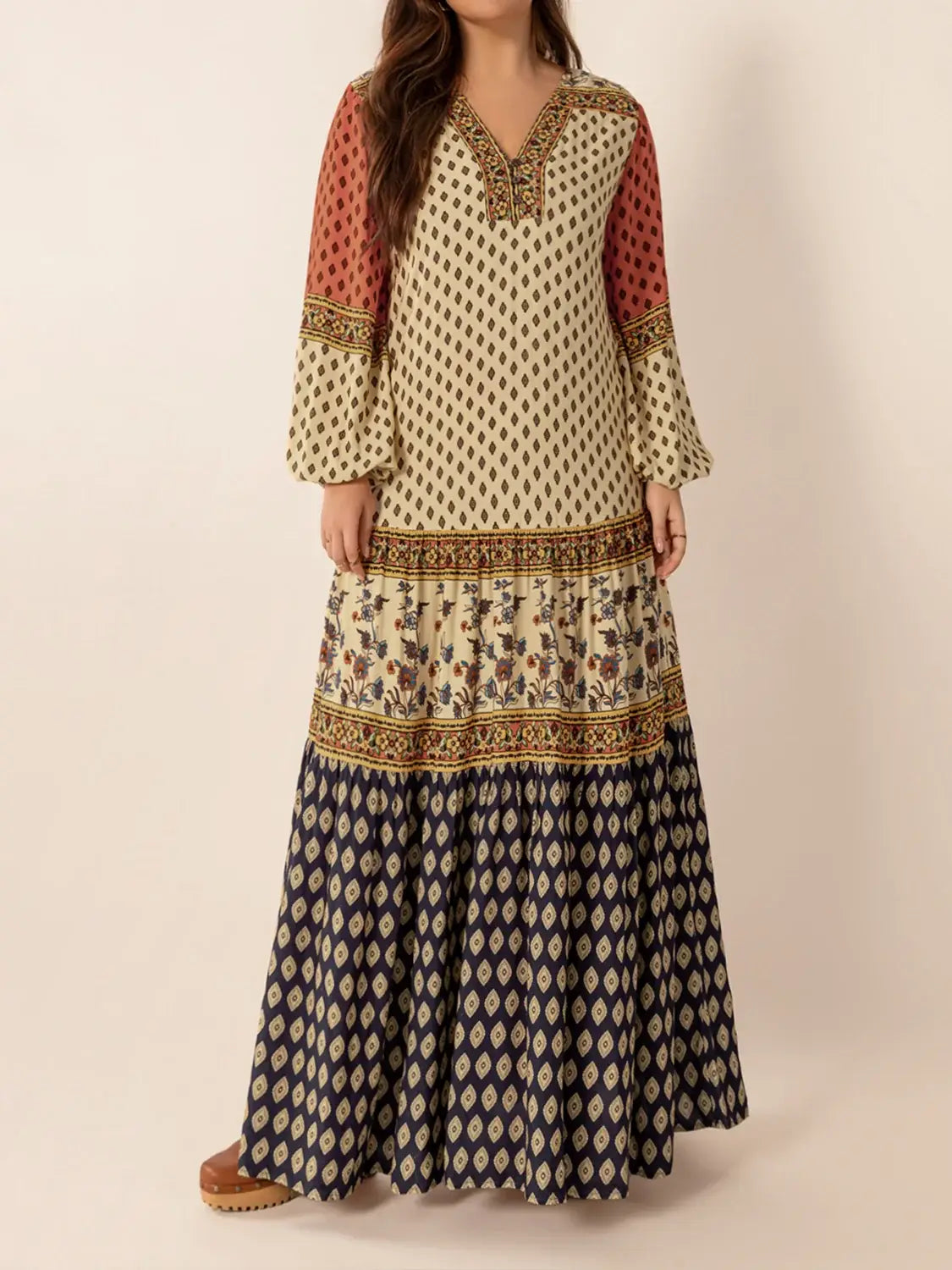Printed V-Neck Balloon Sleeve Maxi Dress - Trendsi - Flyclothing LLC