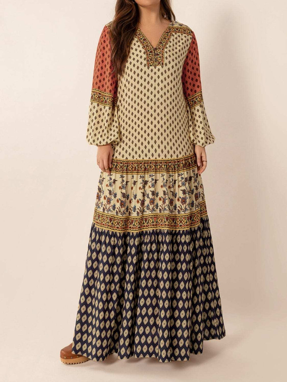 Printed V-Neck Balloon Sleeve Maxi Dress - Trendsi - Flyclothing LLC