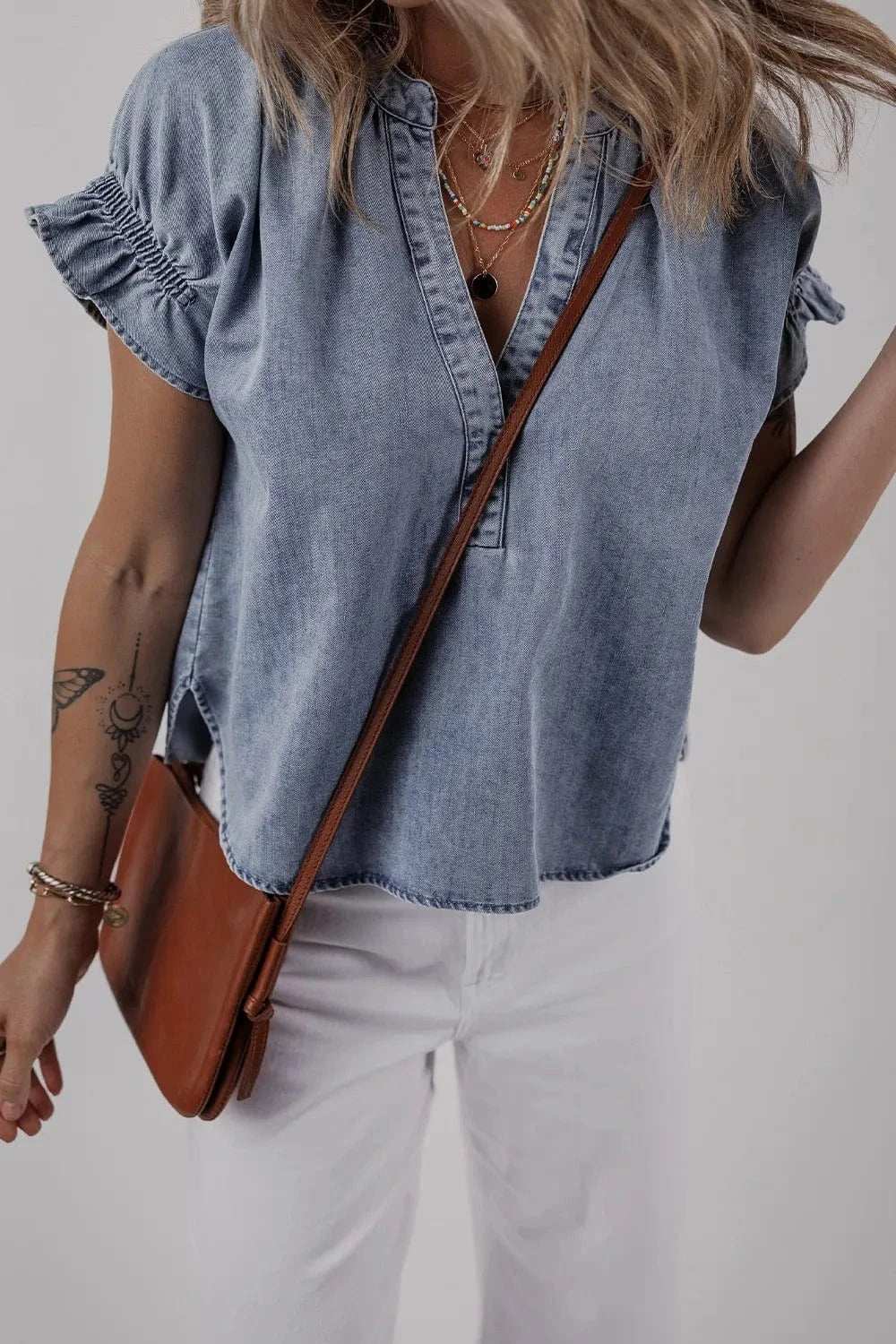V Neck Ruffled Short Puff Sleeve Denim Top - Trendsi - Flyclothing LLC