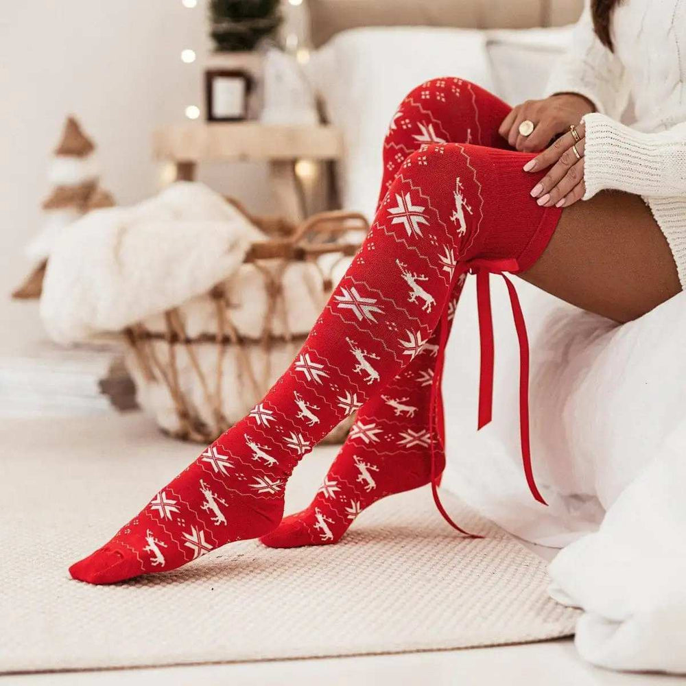 Christmas Element Bowknot Ribbed Trim Over Knee Stockings - Trendsi - Flyclothing LLC
