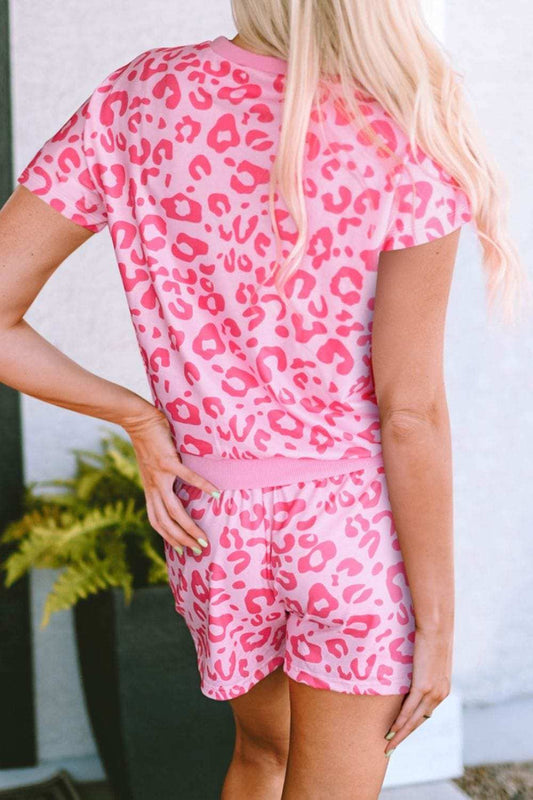 Leopard Round Neck Top and Shorts Lounge Set - Trendsi - Flyclothing LLC
