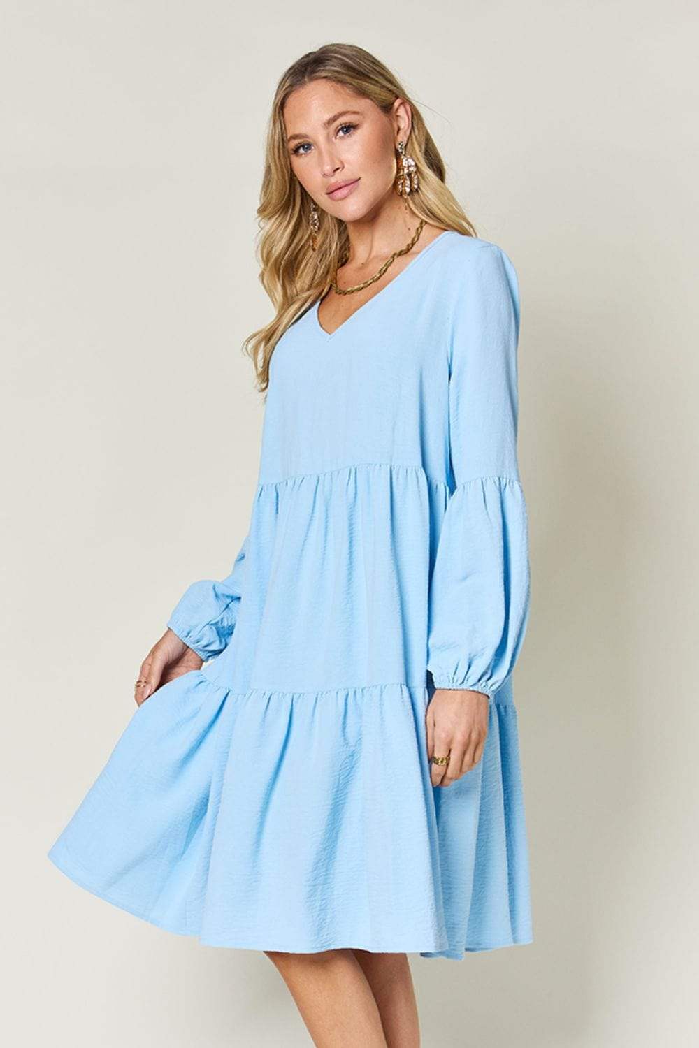Double Take Full Size V-Neck Balloon Sleeve Tiered Dress - Trendsi - Flyclothing LLC