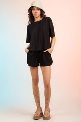 Textured Round Neck Top and Shorts Set - Trendsi