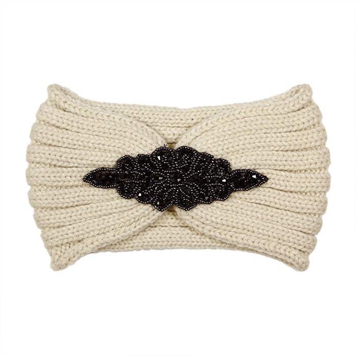 Beaded Flower Applique Knit Headband Earmuff Ear Warmer - Madeline Love - Flyclothing LLC
