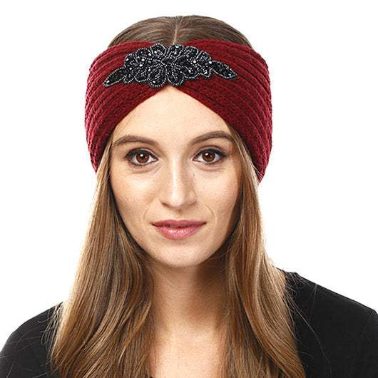 Beaded Flower Applique Knit Headband Earmuff Ear Warmer - Madeline Love - Flyclothing LLC