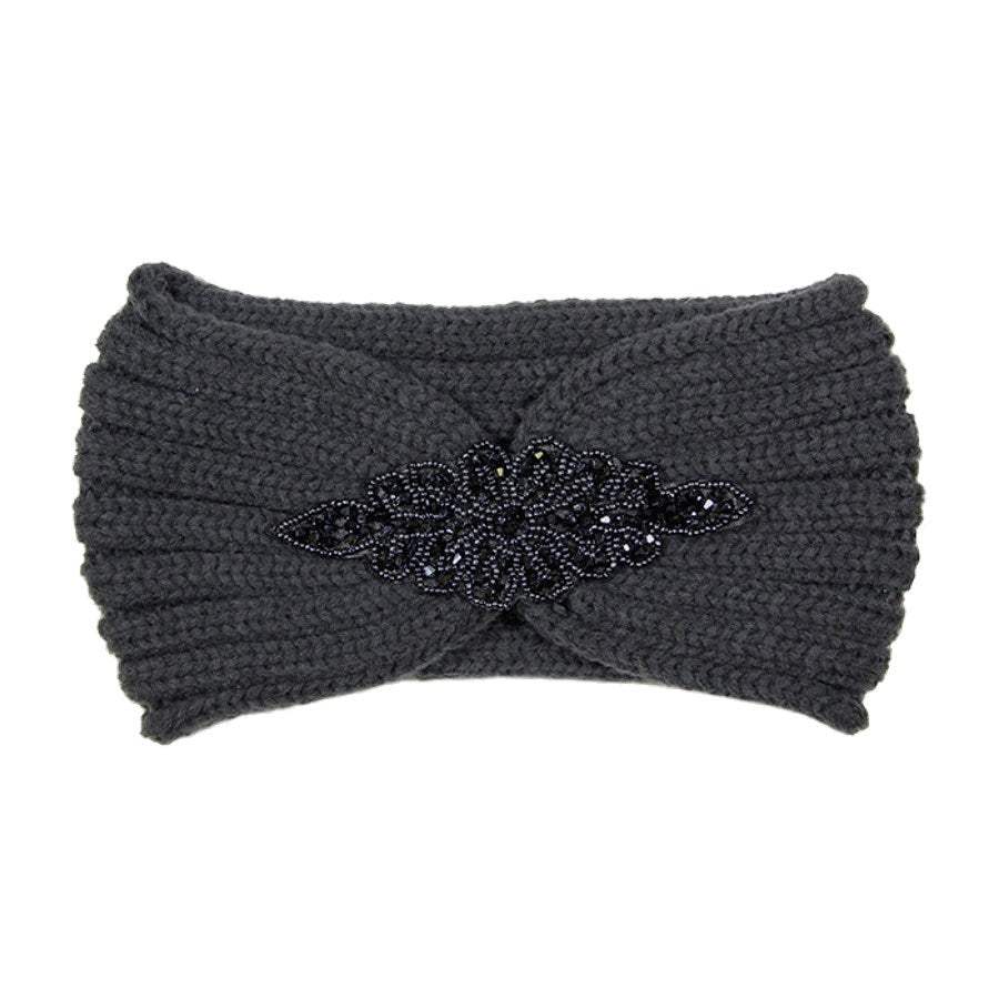 Beaded Flower Applique Knit Headband Earmuff Ear Warmer - Madeline Love - Flyclothing LLC