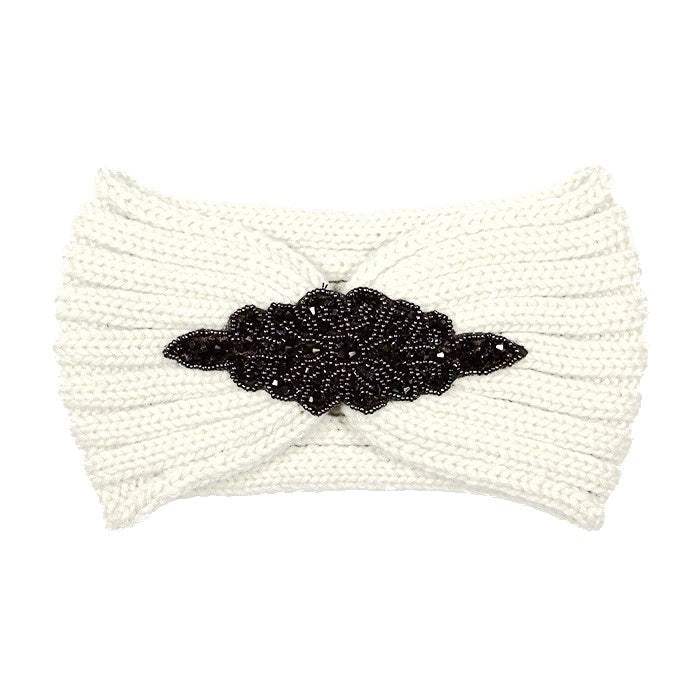Beaded Flower Applique Knit Headband Earmuff Ear Warmer - Madeline Love - Flyclothing LLC