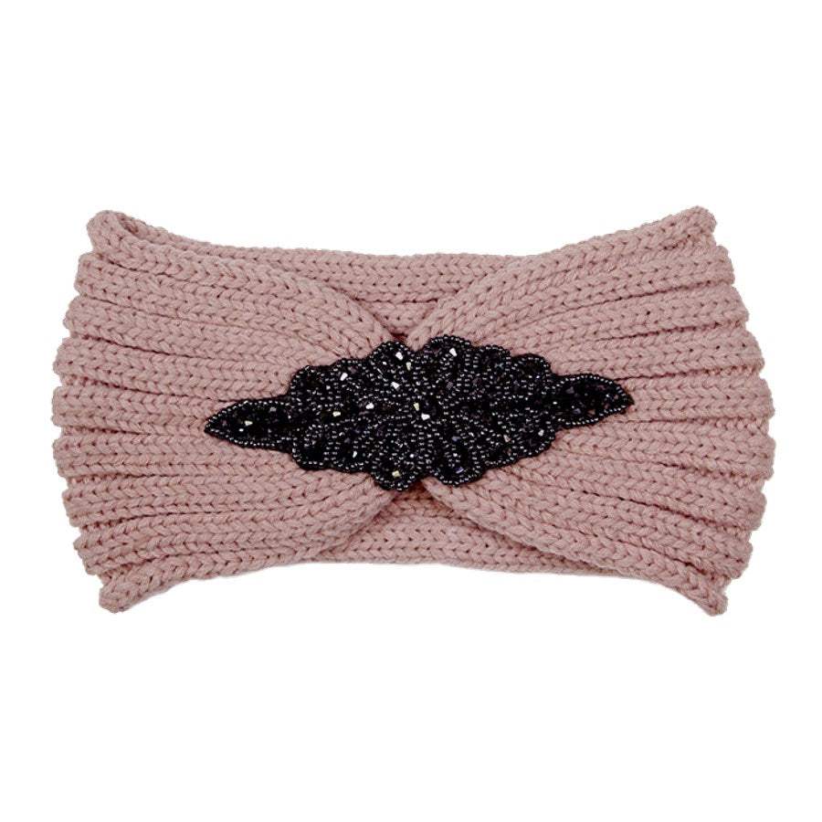 Beaded Flower Applique Knit Headband Earmuff Ear Warmer - Madeline Love - Flyclothing LLC