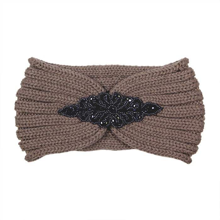 Beaded Flower Applique Knit Headband Earmuff Ear Warmer - Madeline Love - Flyclothing LLC