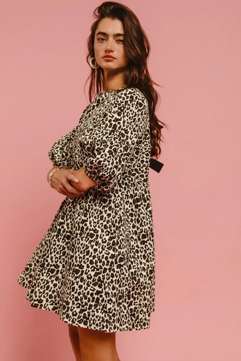 BiBi Leopard Denim Dress With Back Contrast Tie Detail - Trendsi - Flyclothing LLC