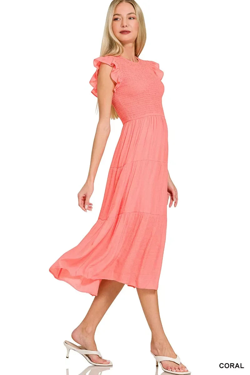 Zenana Woven Smocked Ruffle Sleeve Midi Dress - Trendsi - Flyclothing LLC