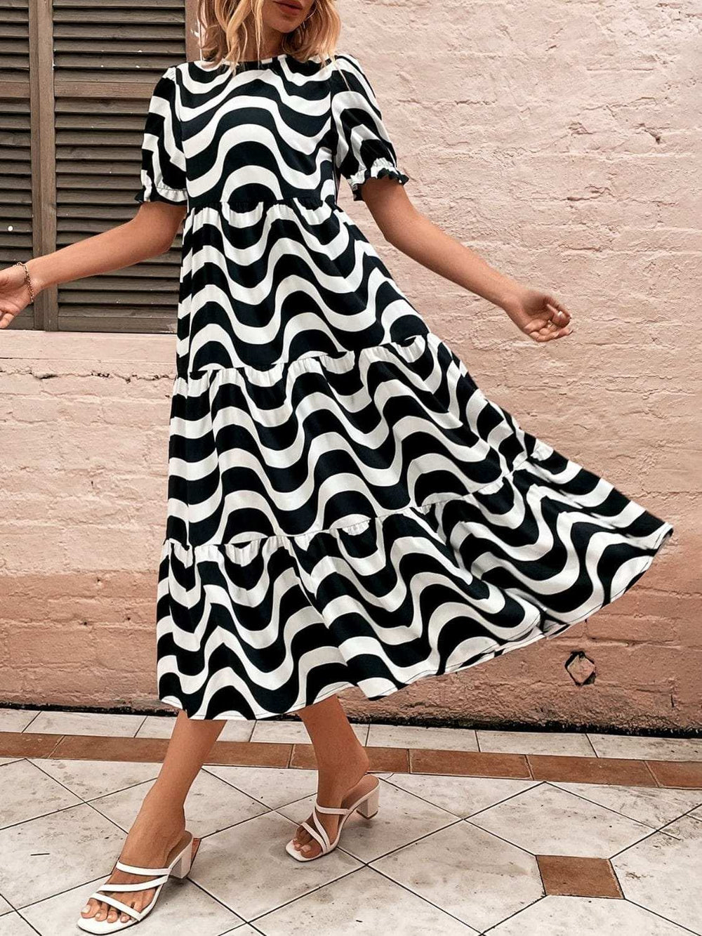 Wavy Striped Round Neck Short Sleeve Dress - Trendsi - Flyclothing LLC