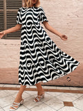 Wavy Striped Round Neck Short Sleeve Dress - Trendsi
