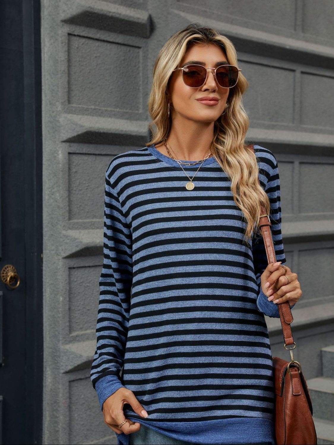 Striped Round Neck Long Sleeve T-Shirt - Trendsi - Flyclothing LLC