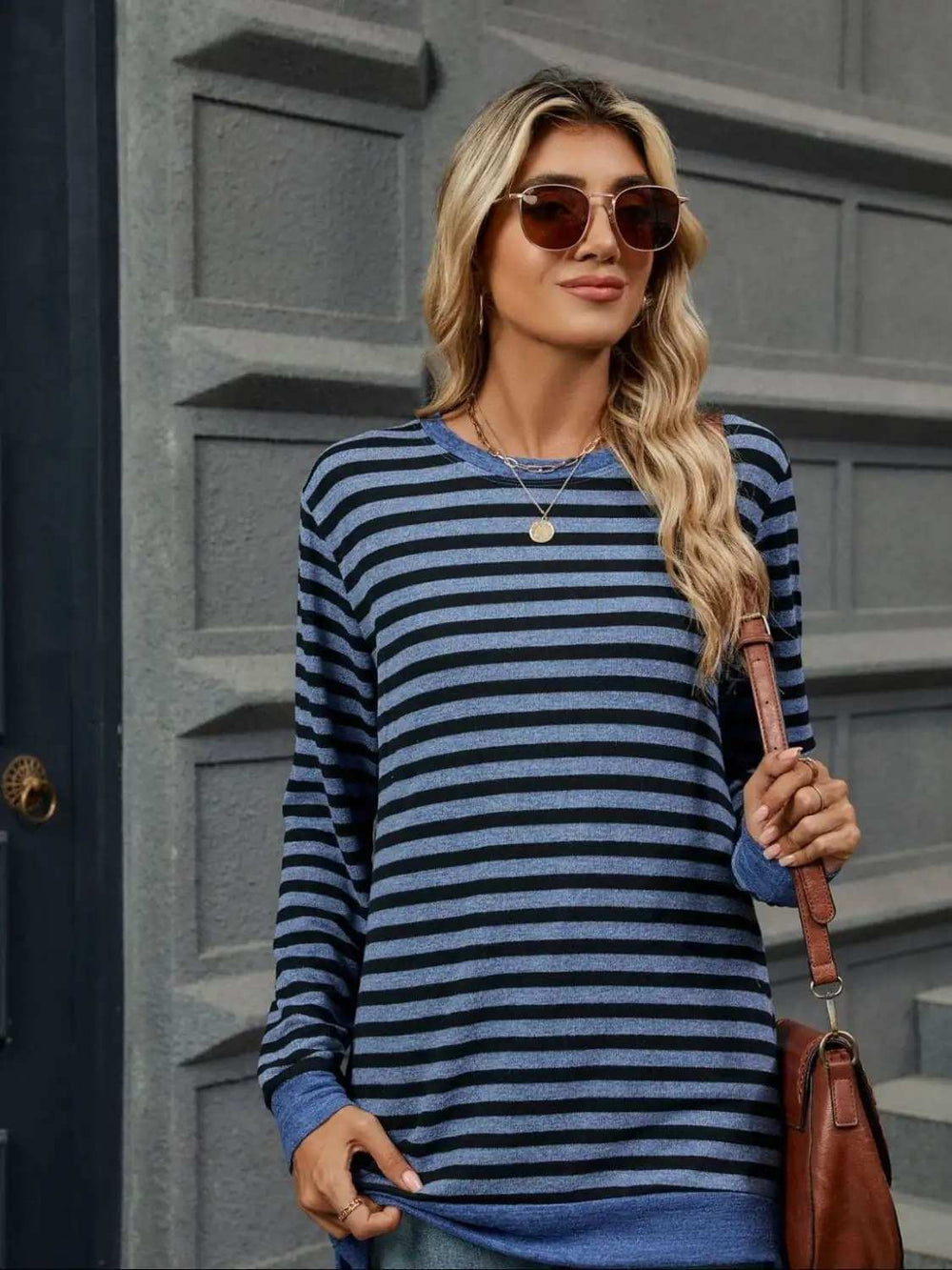 Striped Round Neck Long Sleeve T-Shirt - Trendsi - Flyclothing LLC