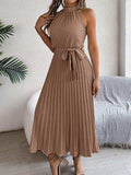 Grecian Neck Tie Waist Pleated Dress - Trendsi - Flyclothing LLC