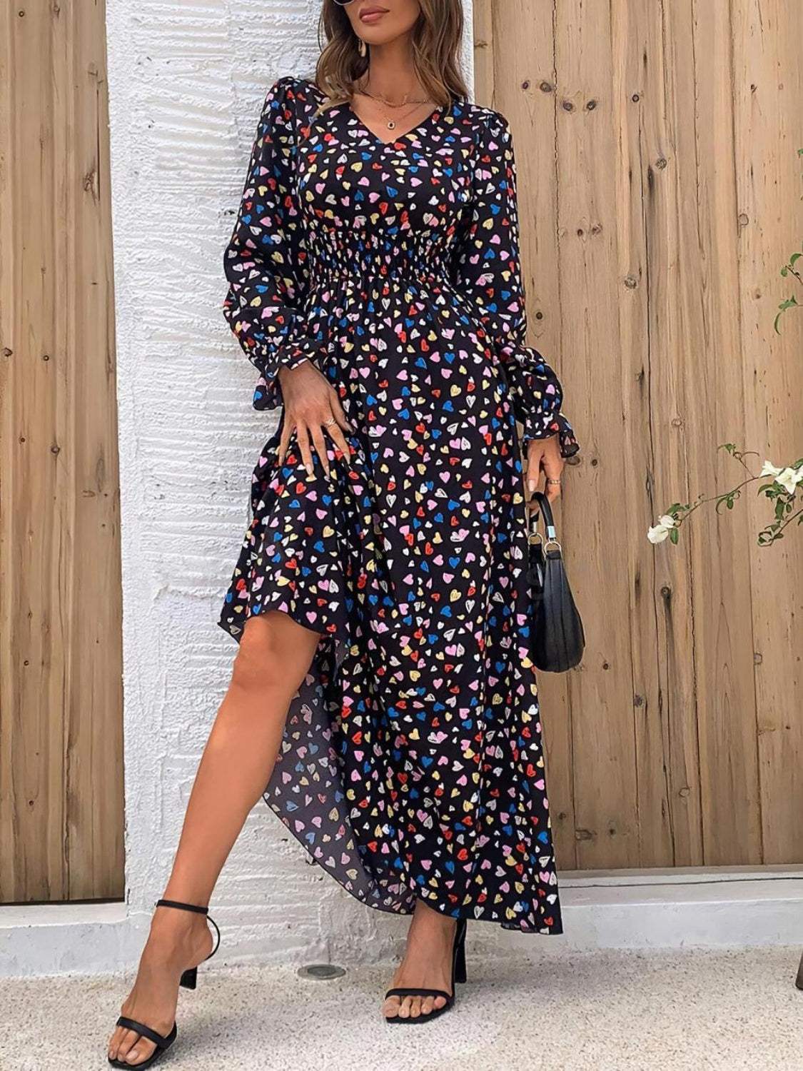 Smocked Printed V-Neck Flounce Sleeve Dress - Trendsi - Flyclothing LLC