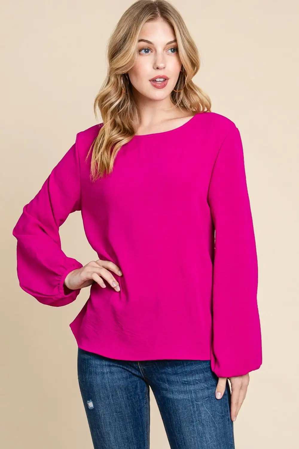 BOMBOM Textured Balloon Sleeve Top - Trendsi - Flyclothing LLC