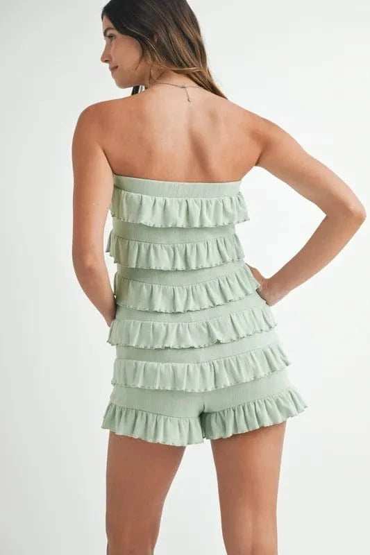 MABLE Pointelle Knit Fabric Ruffled Tube Romper - Trendsi - Flyclothing LLC