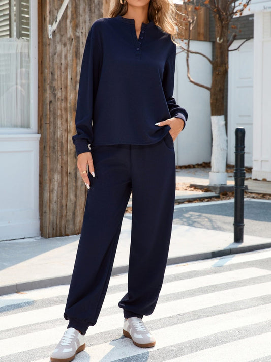 Quarter Button Long Sleeve Top and Pants Set - Trendsi