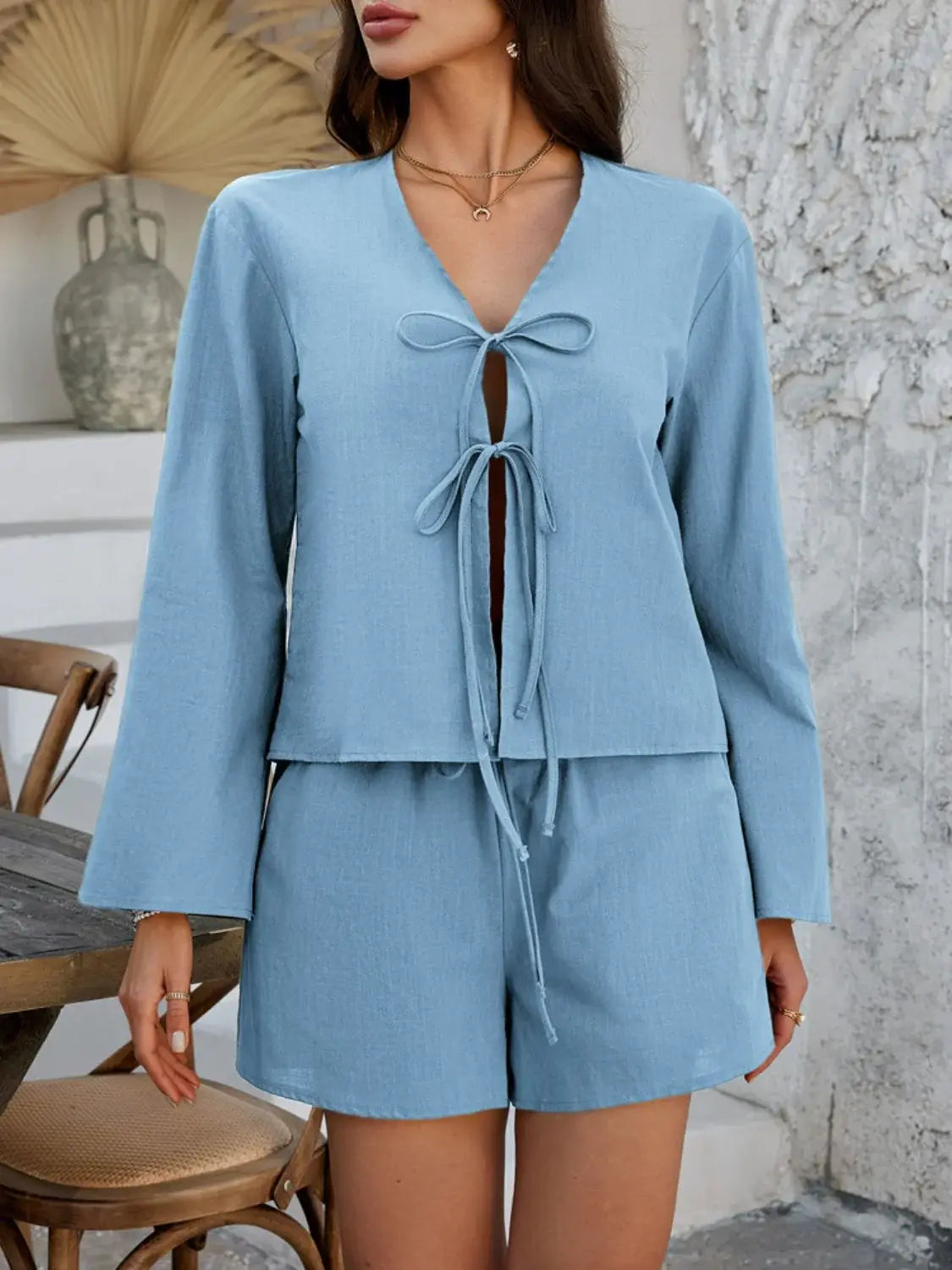 Devine Double Tied V-Neck Top and Shorts Set - Trendsi - Flyclothing LLC