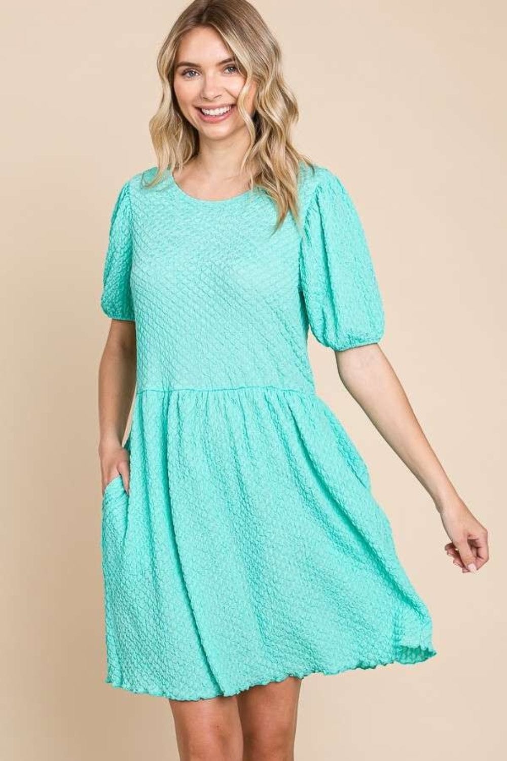 Culture Code Full Size Textured Round Neck Puff Sleeve Dress - Trendsi