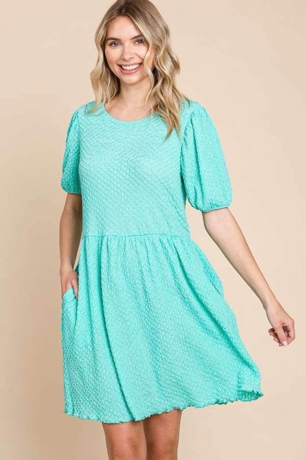 Culture Code Full Size Textured Round Neck Puff Sleeve Dress - Trendsi - Flyclothing LLC