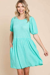 Culture Code Full Size Textured Round Neck Puff Sleeve Dress - Trendsi - Flyclothing LLC