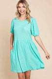 Culture Code Full Size Textured Round Neck Puff Sleeve Dress - Trendsi - Flyclothing LLC