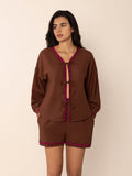 Tied V-Neck Long Sleeve Top and Shorts Set - Trendsi