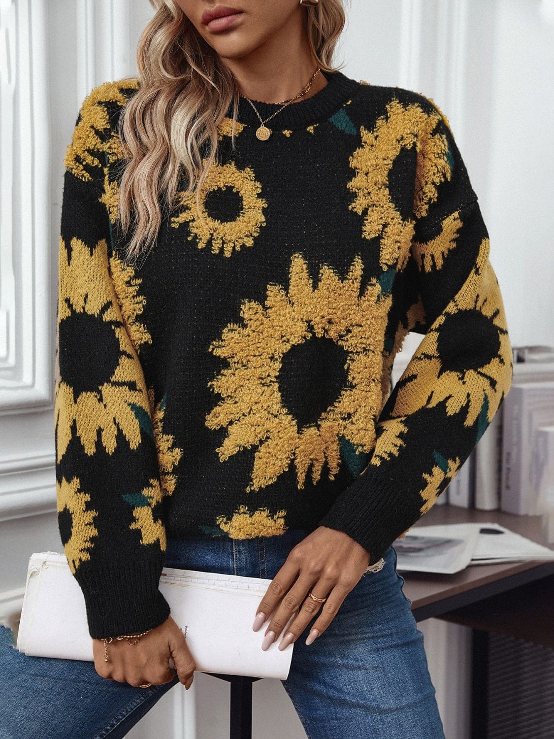 Sunflower Round Neck Long Sleeve Sweater - Trendsi