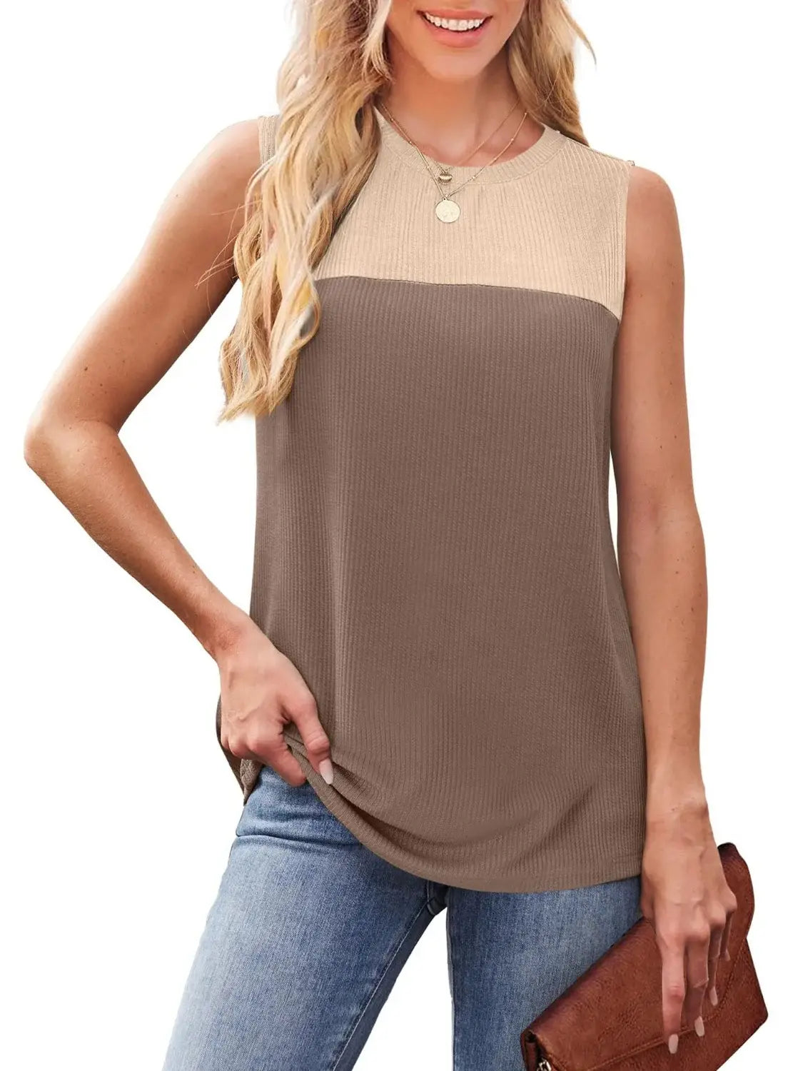 Color Block Round Neck Tank - Trendsi - Flyclothing LLC