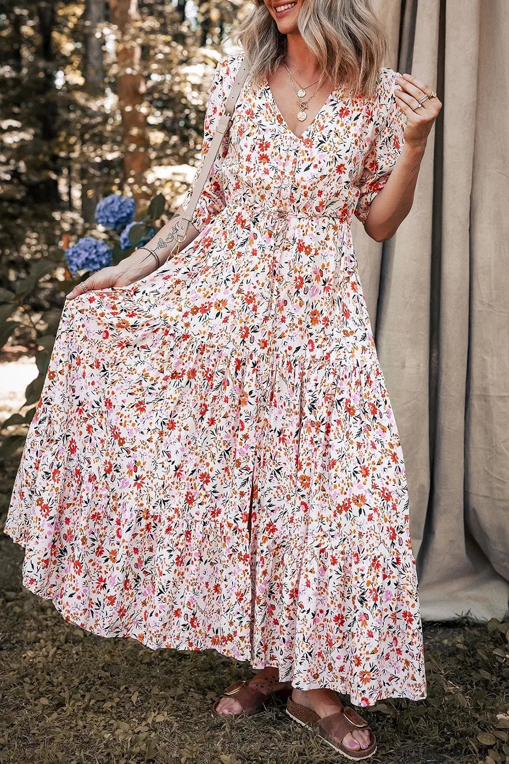 Boho Half Sleeve Floral V Neck Maxi Dress - Trendsi - Flyclothing LLC