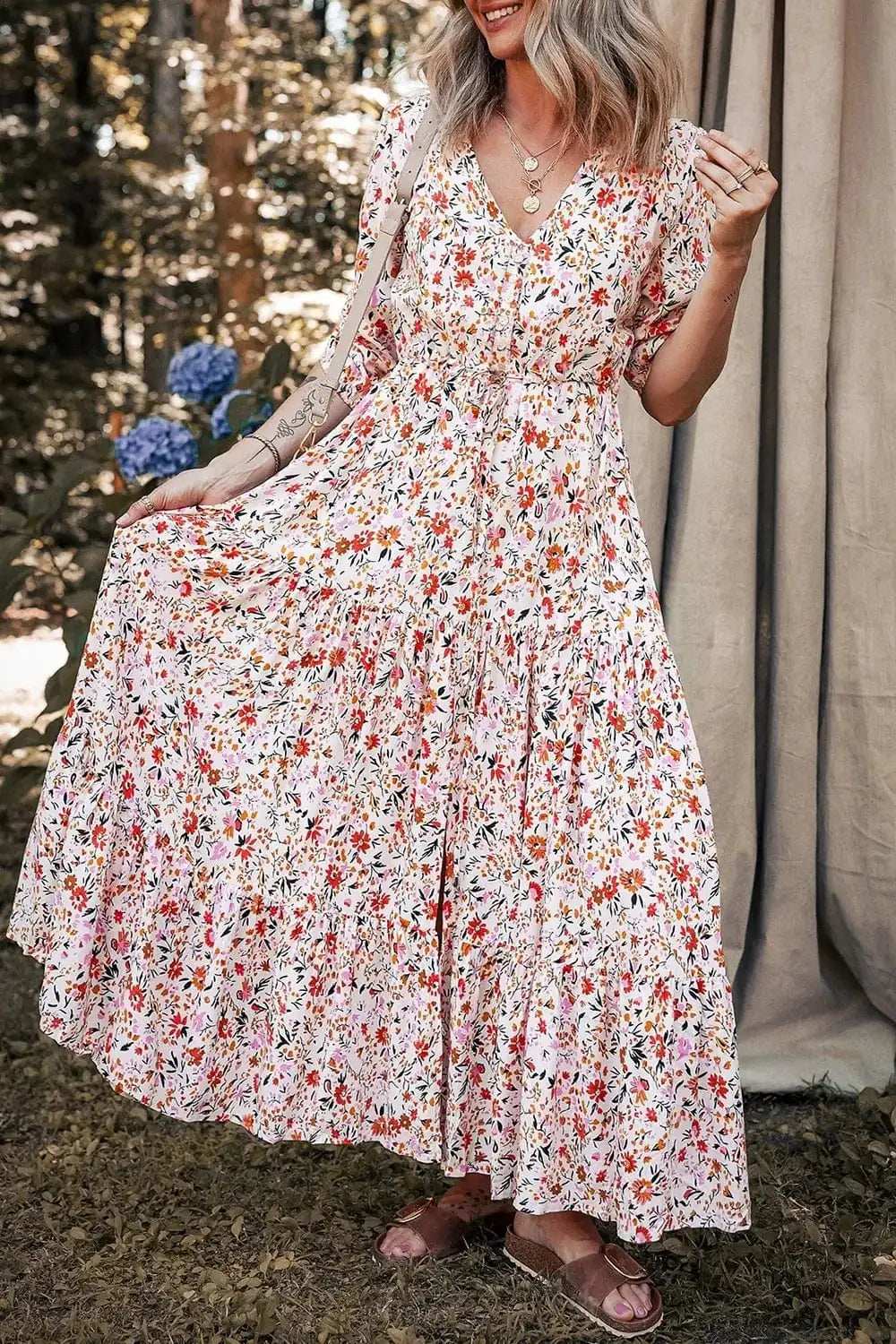 Boho Half Sleeve Floral V Neck Maxi Dress - Trendsi - Flyclothing LLC