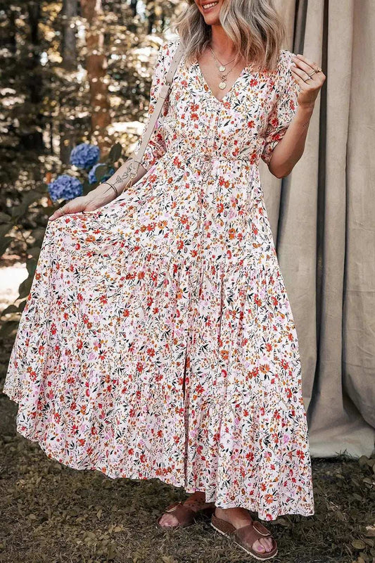 Boho Half Sleeve Floral V Neck Maxi Dress - Trendsi - Flyclothing LLC