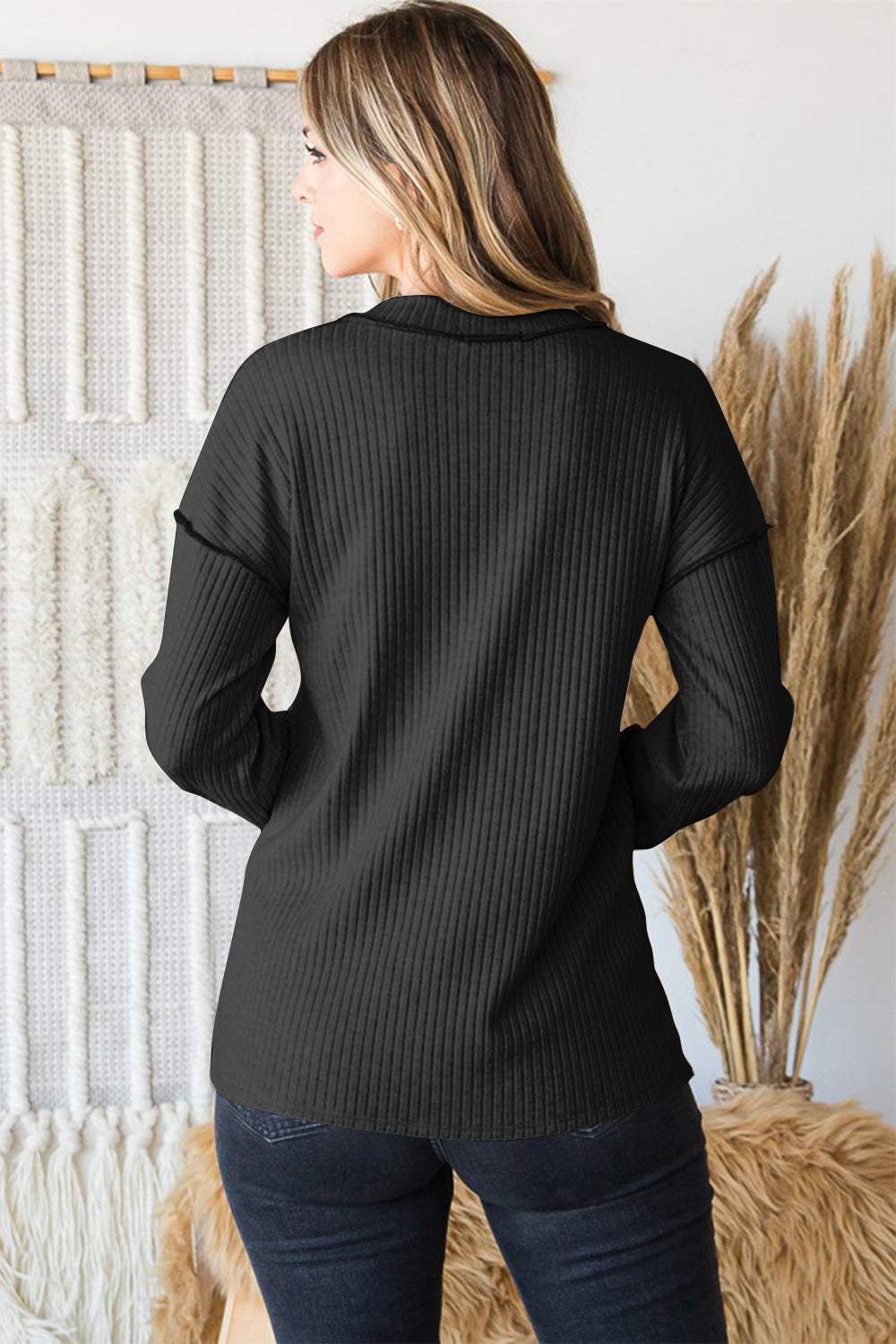 Heimish Full Size Ribbed V-Neck Exposed Seam Top - Trendsi - Flyclothing LLC