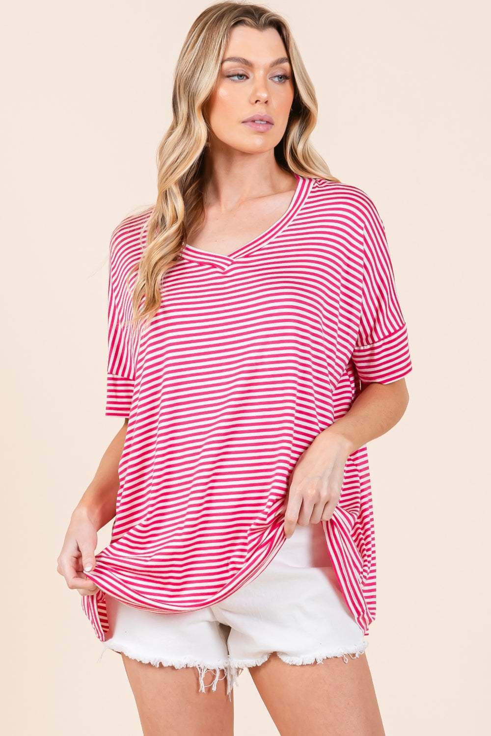 BOMBOM Striped V-Neck T-Shirt - Trendsi - Flyclothing LLC