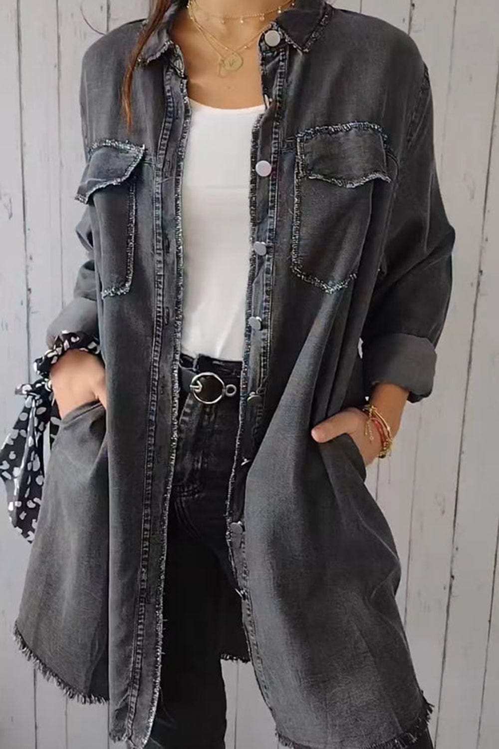 Full Size Pocketed Button Up Long Sleeve Denim Jacket - Trendsi - Flyclothing LLC