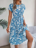 Tied Pleated Printed Short Sleeve Dress - Trendsi - Flyclothing LLC