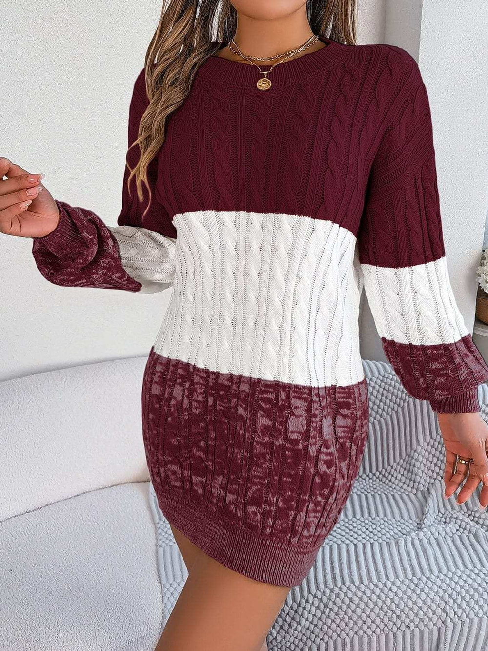 Cable-Knit Round Neck Color Block Sweater Dress - Trendsi - Flyclothing LLC
