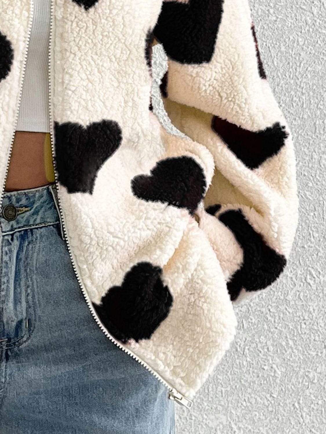 Heart Zip Up Drop Shoulder Furry Jacket - Trendsi - Flyclothing LLC