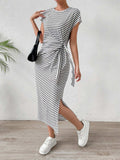 Tied Striped Round Neck Short Sleeve Tee Dress - Trendsi - Flyclothing LLC