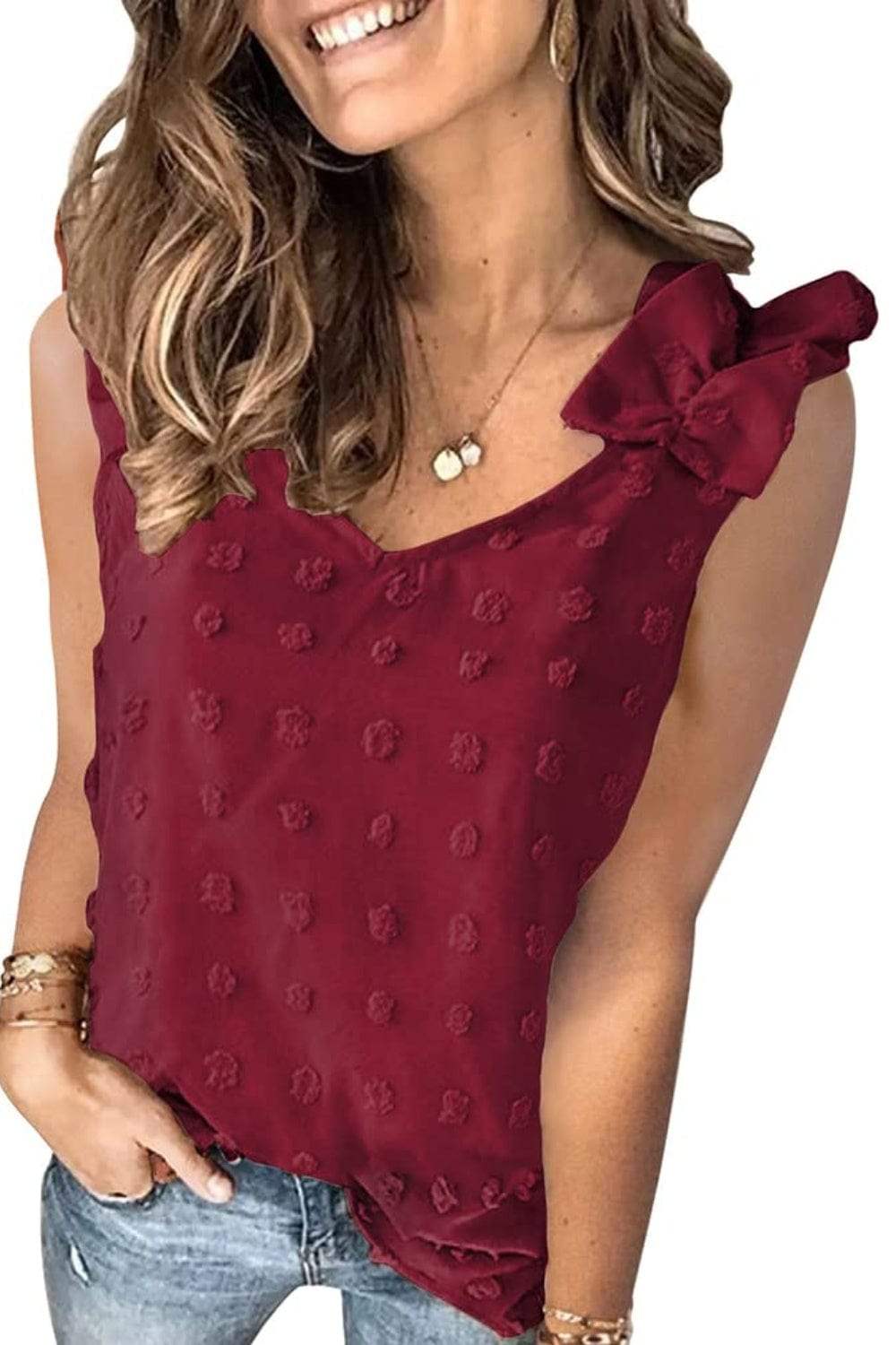 Full Size Swiss Dot V-Neck Tank - Trendsi - Flyclothing LLC