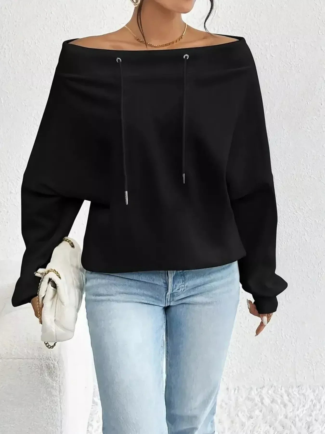 Off-Shoulder Drawstring Sweatshirt - Trendsi - Flyclothing LLC